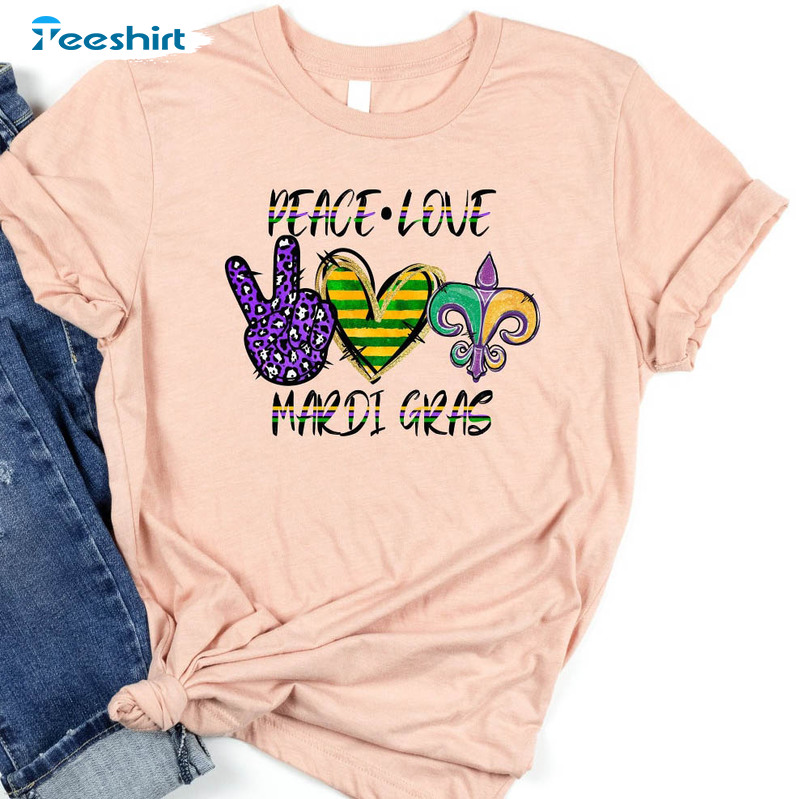 Peace Love Mardi Gras Shirt, Carnival Parading Masks Beads Long Sleeve Short Sleeve