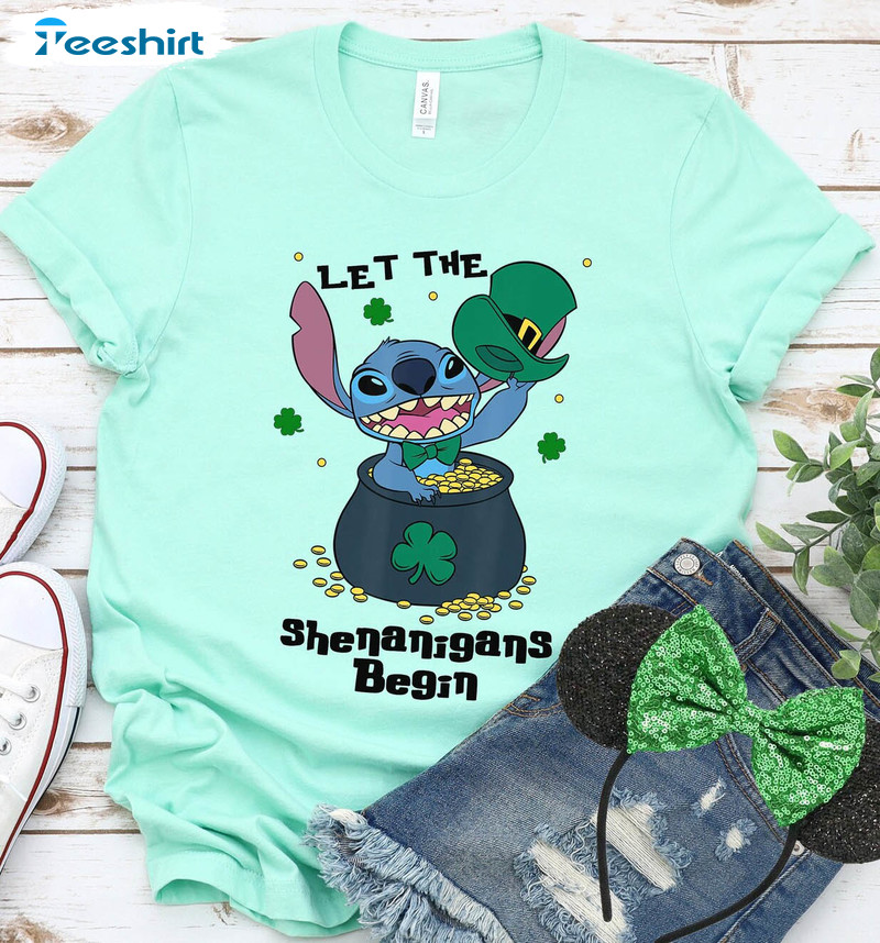 Let The Shenanigans Begin Shirt, Stitch Patricks Day Tee Tops Short Sleeve