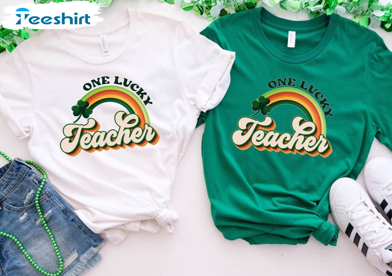 Retro One Lucky Teacher Rainbow Shirt, Funny St Patrick's Day Crewneck Unisex T-shirt