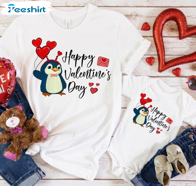 Happy Valentines Day Shirt, Cute Penguin Heart Long Sleeve Tee Tops