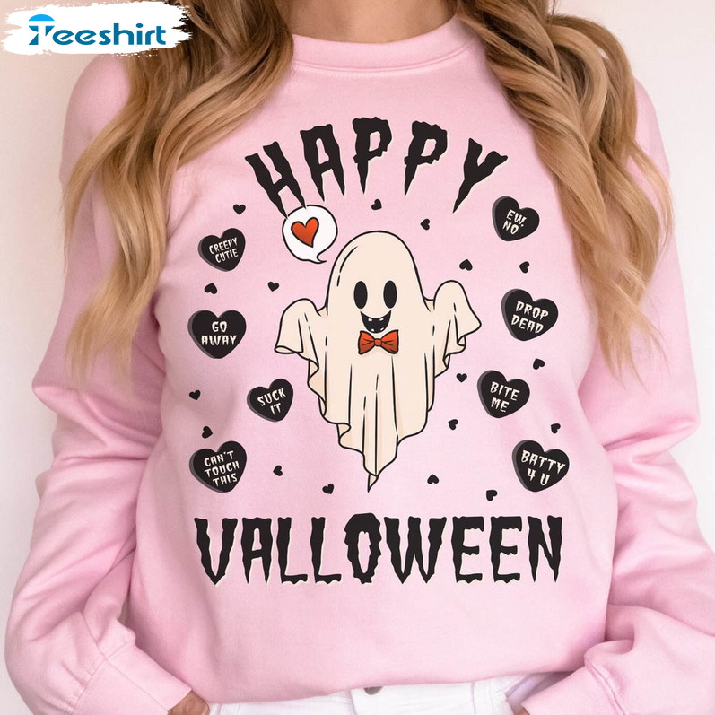 Happy Valloween Shirt, Spooky Valentine Ghost Long Sleeve Crewneck