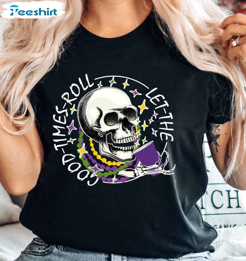 Mardi Gras Skull Shirt, Skeleton Funny Unisex T-shirt Long Sleeve