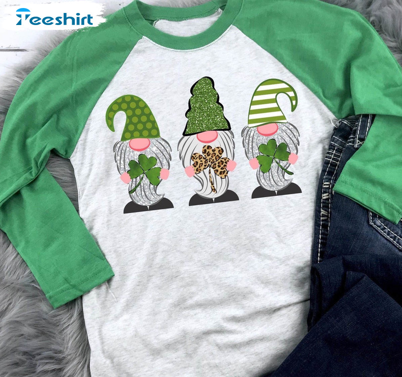 St Patricks Day Gnome Shirt, Glitter Raglan Leopard Short Sleeve Long Sleeve