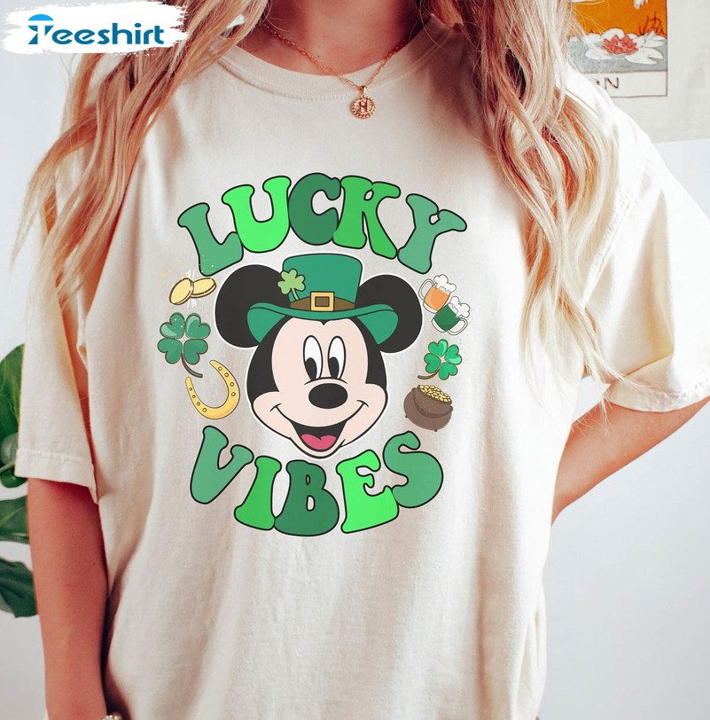 Mickey Mouse Lucky Vibes Shirt, St Patricks Day Long Sleeve Unisex Hoodie