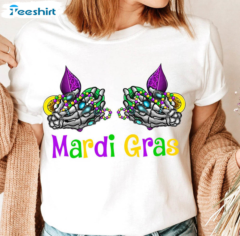 Mardi Gras Skeleton Hands Boobss Shirt, Funny Carnival Short Sleeve Crewneck