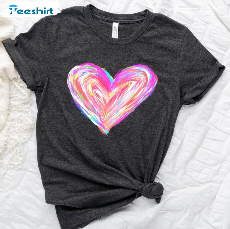 Watercolor Heart Valentines Shirt, Matching Couple Tee Tops Short Sleeve