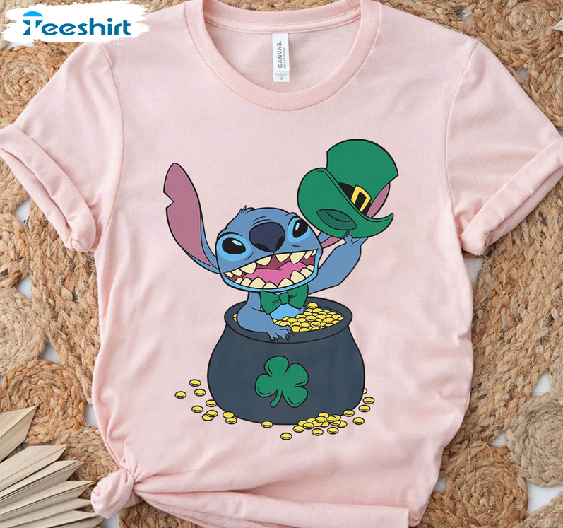 Stitch Patricks Day Shirt, Cute Disney Stitch Pot Of Gold Shamrock Short Sleeve Tee Tops