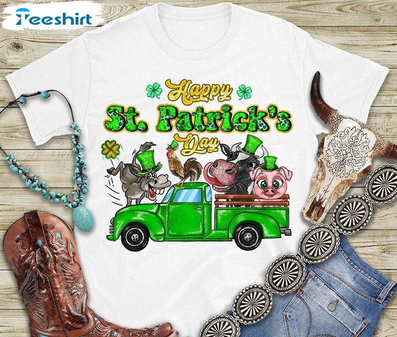 Happy St Patrick's Day Cow Shirt, Shamrock Truck Short Sleeve Crewneck