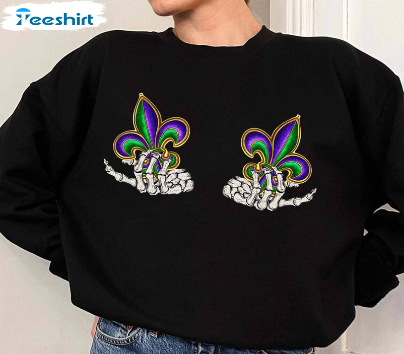 Skeleton Hand Mardi Gras Shirt, Carnival Skeleton Boobss Hands Long Sleeve Sweater