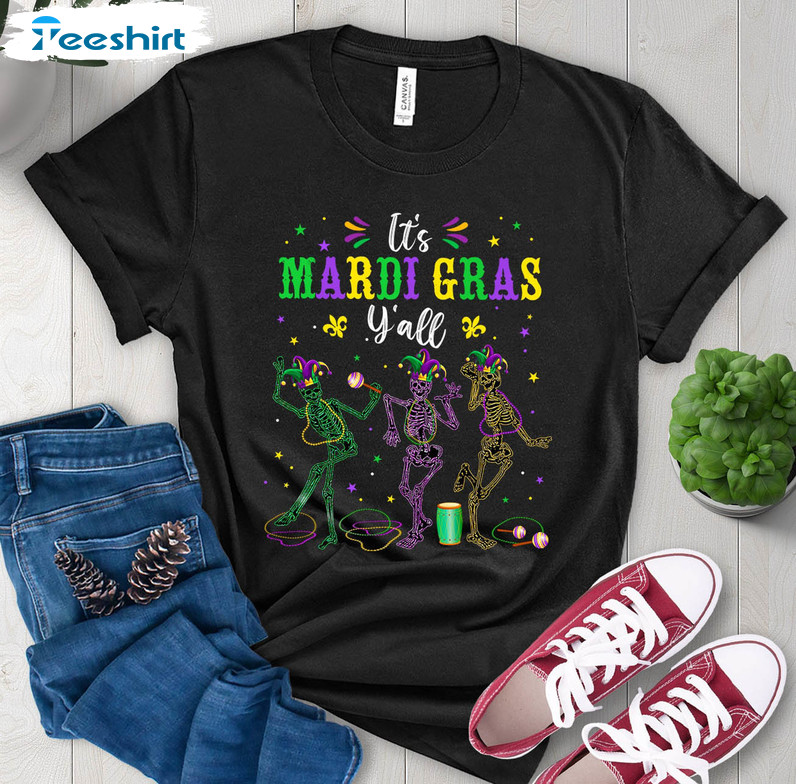 Mardi Gras Skeleton Shirt, Skeleton Dancing Fleur Unisex Hoodie Short Sleeve