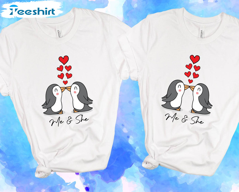 Cute Penguin Matching Shirt, Couple Valentines Day Sweatshirt Short Sleeve