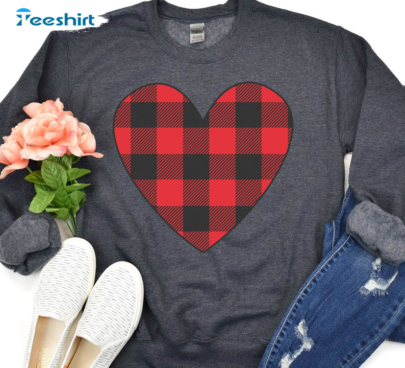 Buffalo Plaid Heart Sweatshirt, Valentine Day Funny Unisex T-shirt Long Sleeve