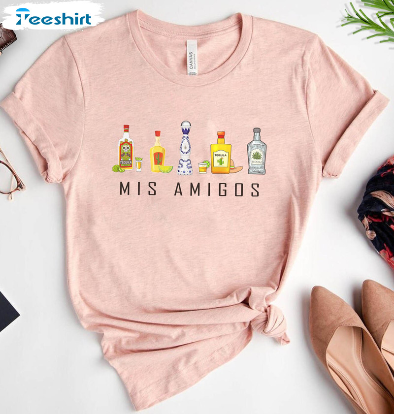 Mis Amigos Shirt, Tequila Bottles Unisex Hoodie Short Sleeve