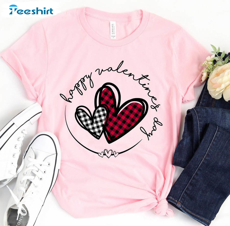 Happy Valentines Day Shirt, Buffalo Plaid Heart Unisex T-shirt Short Sleeve
