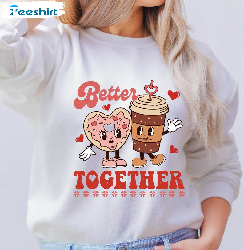 Cute Valentine's Day Sweatshirt, Coffee And Donut Couple Unisex Hoodie Long Sleeve