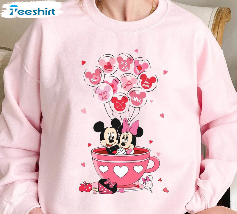 Mickey And Minnie Mouse Valentine Balloon Tea Cup Shirt , Disney Valentine's Day Unisex T-shirt Short Sleeve