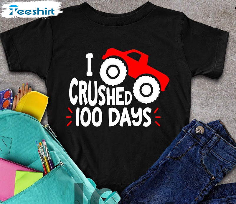 I Crushed 100 Days Of School Vintage Shirt, T Rex Funny Short Sleeve Crewneck