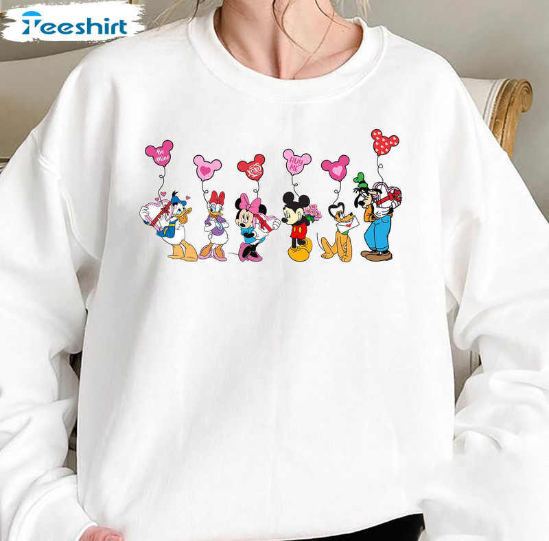Mickey And Friends Valentine Shirt, Valentine Balloons Long Sleeve Unisex Hoodie