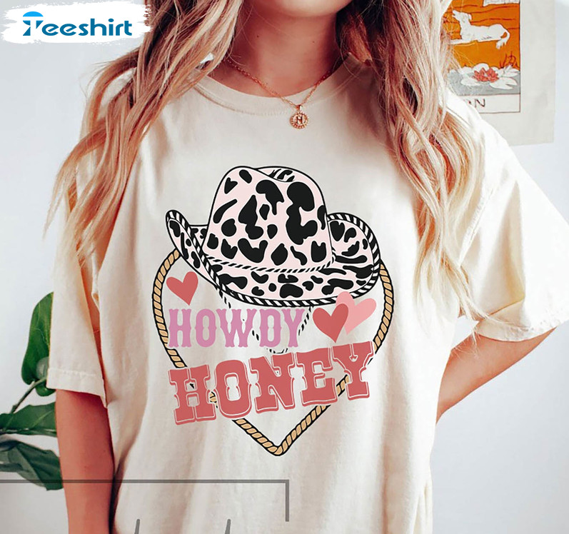 Howdy Honey Valentine Shirt, Western Disco Cowgirl Short Sleeve Sweatshirt