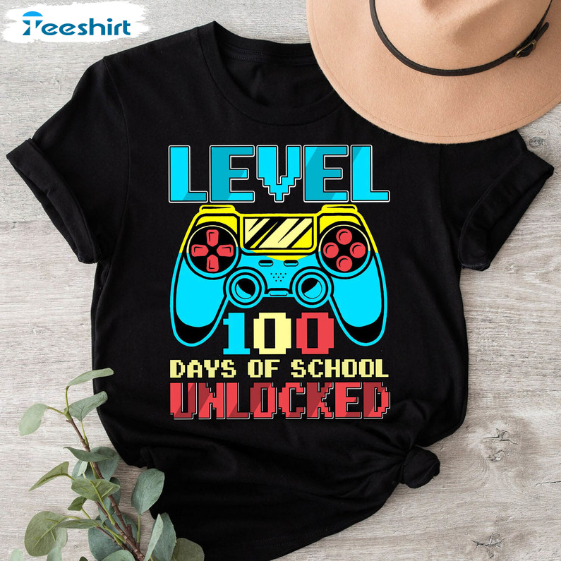 Level 100 Days Of School Unlocked Shirt, Funny Short Sleeve Unisex Hoodie