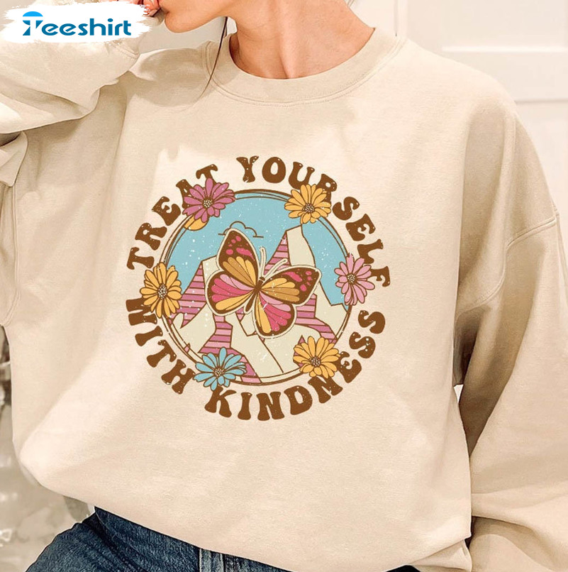 Vintage Treat Yourself With Kindness Shirt, Butterfly Long Sleeve Unisex T-shirt