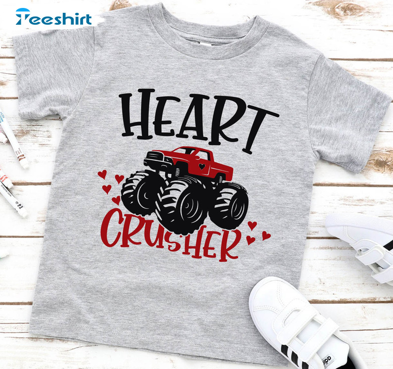 Valentine Cute Truck Shirt, Heart Crusher Baseball Short Sleeve Crewneck