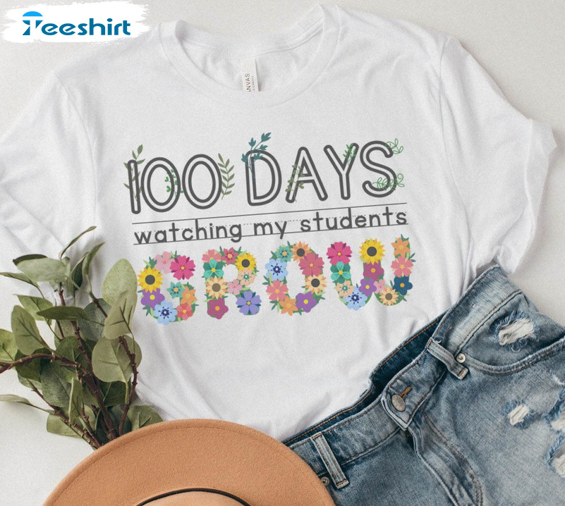 100 Days Watching My Students Grow Flower Shirt, Cute Teacher Long Sleeve Unisex Hoodie