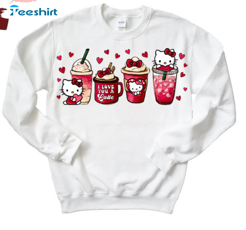 Valentine Kitty Coffee Shirt, Trending Short Sleeve Sweatshirt