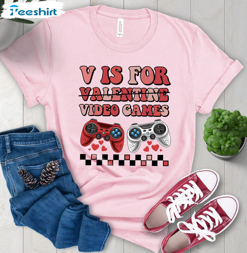 V Is For Valentine Video Games Shirt, Valentine Gaming Short Sleeve Unisex Hoodie