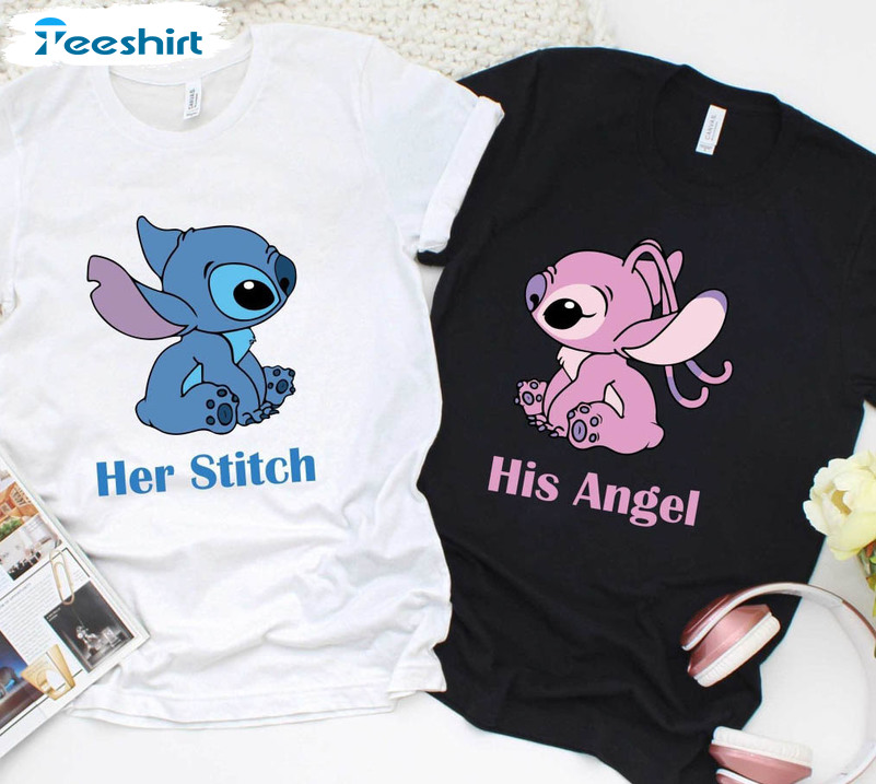 Her Stitch His Angel Couple Shirt, Disney Family Sweatshirt Unisex Hoodie