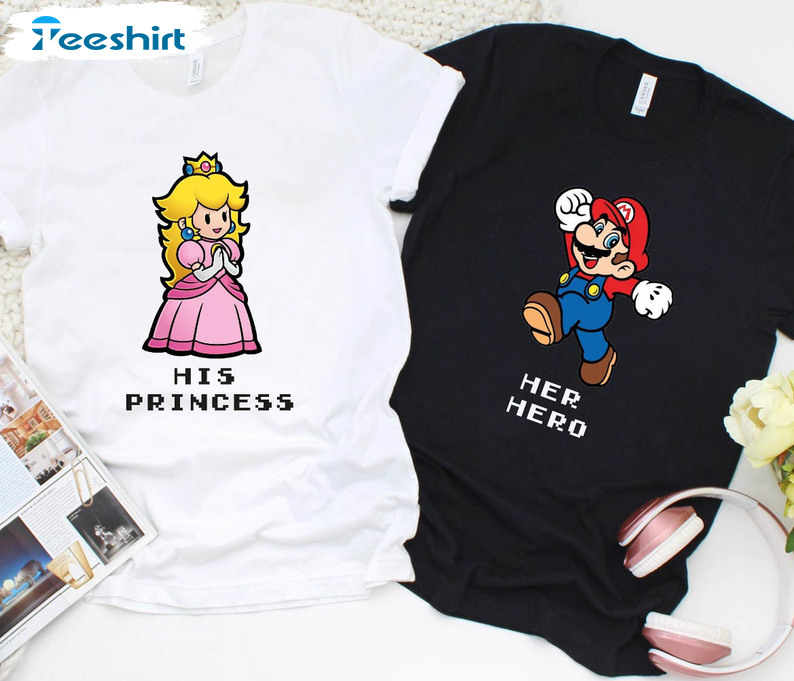 Her Hero And His Princess Matching Shirt, Super Mario Valentines Short Sleeve Sweater