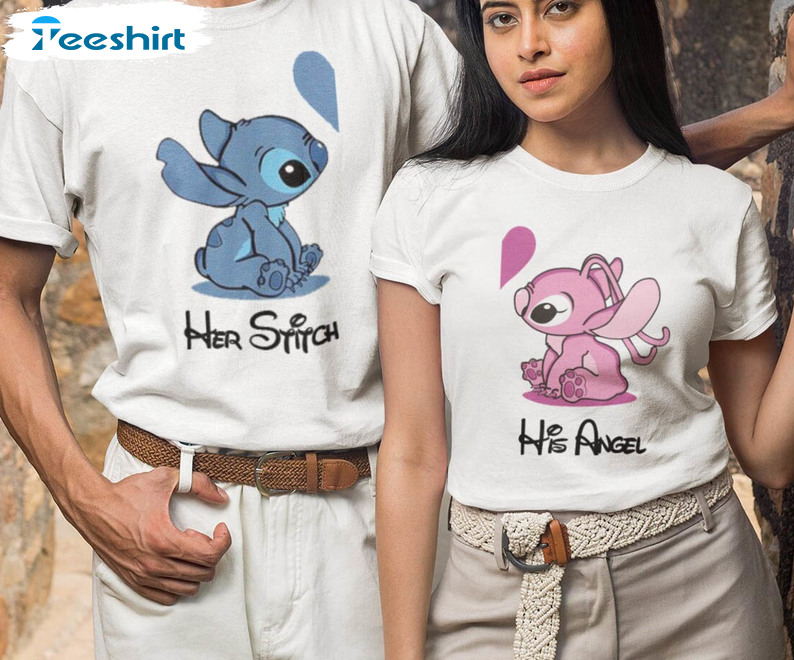 Lilo And Stitch Her Stitch His Angel Shirt, Couple Valentines Crewneck Unisex T-shirt