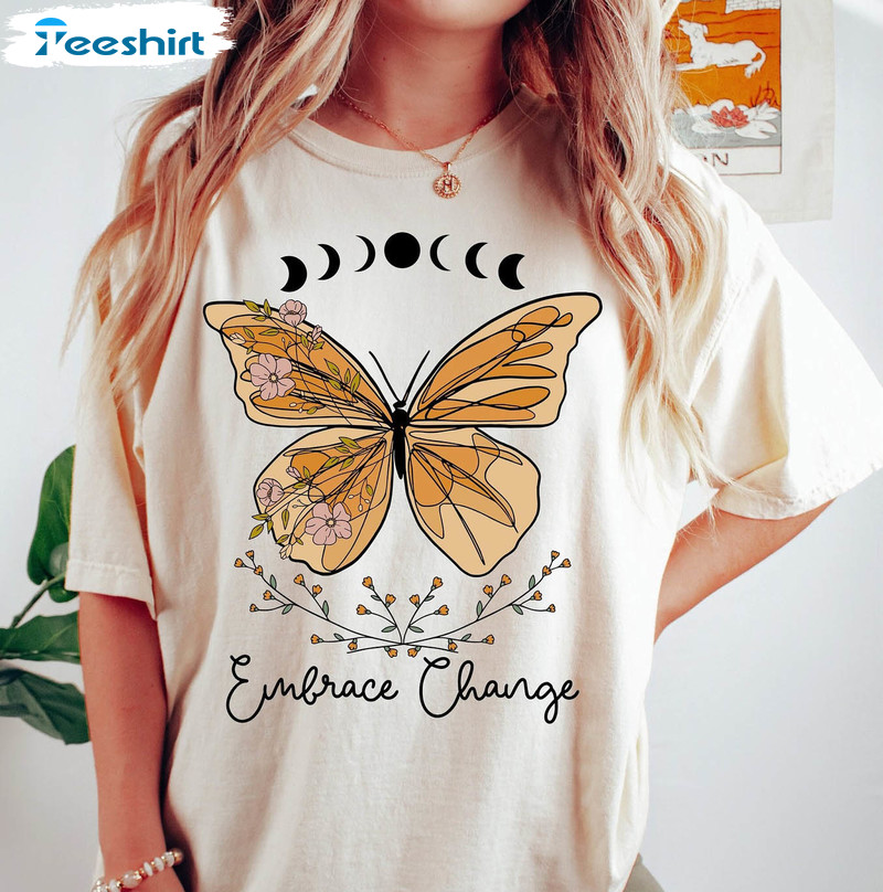 Embrace Change Butterfly Shirt, Vintage Wild Flower Butterfly Long Sleeve Sweatshirt