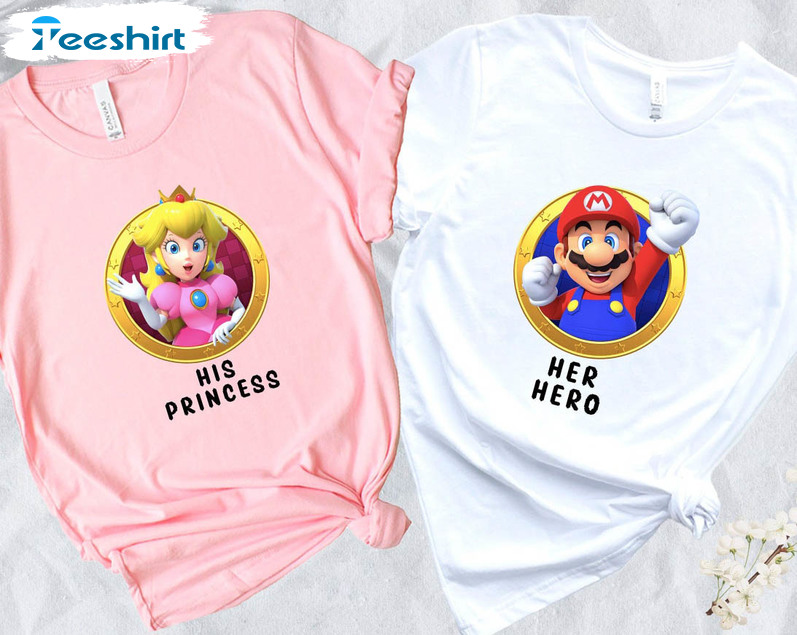 Her Hero And His Princess Shirt, Mario Valentines Day Couple Unisex T-shirt Short Sleeve