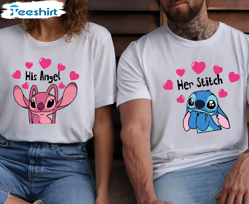 His Angel Her Stitch Funny Shirt, Couple Valentines Unisex Hoodie Crewneck