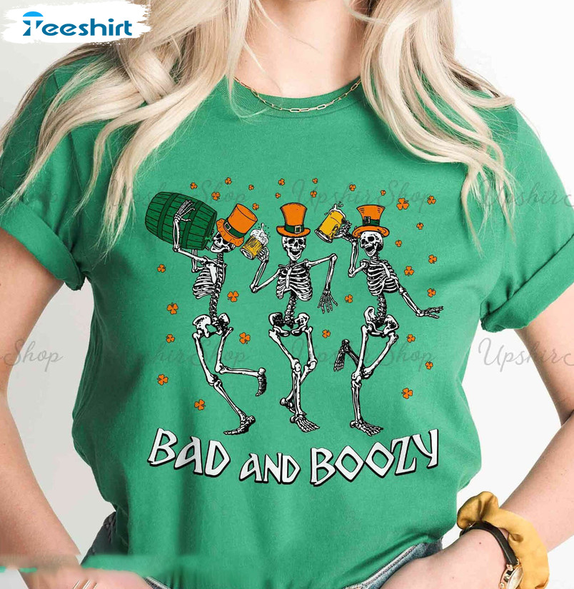 Bad And Boozy Skeleton Shirt, Lucky St Patricks Day Long Sleeve Unisex T-shirt