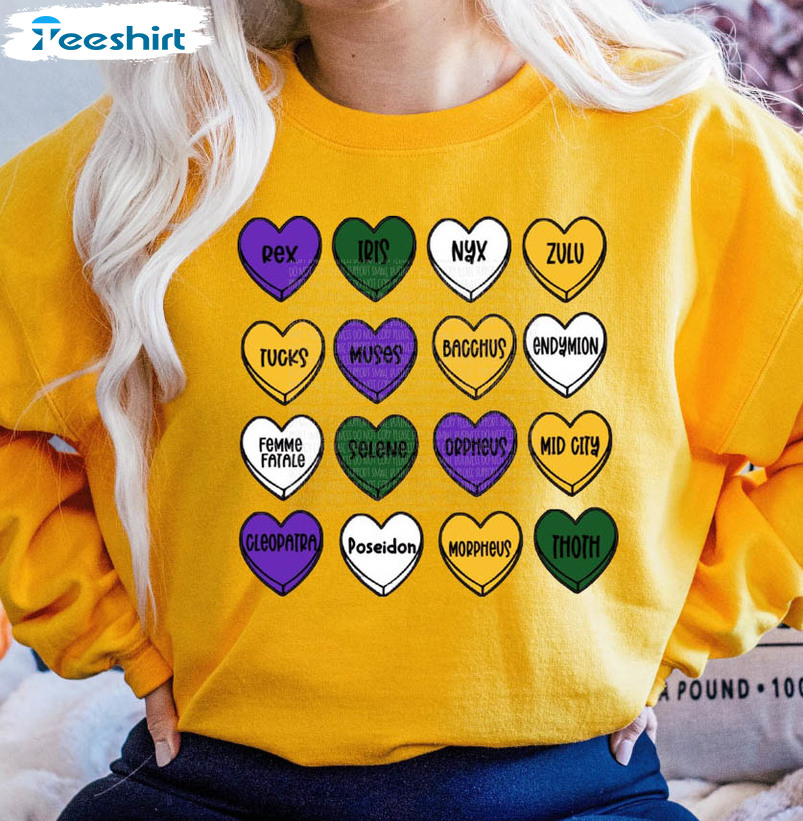 Mardi Gras Conversation Hearts Sweatshirt, Mardi Gras Vintage Tee Tops Short Sleeve