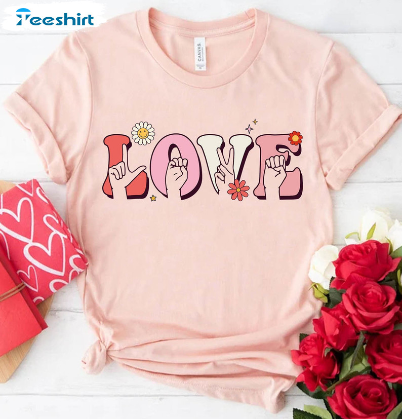 Asl Valentines Day Shirt, Love Sign Language Short Sleeve Unisex T-shirt