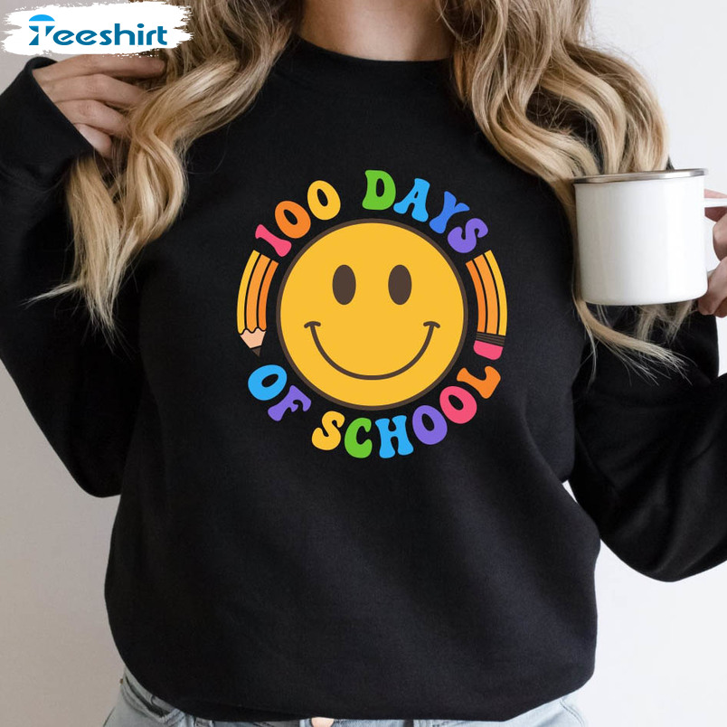 100 Days Of School Funny Shirt, Back To School Smile Face Long Sleeve Short Sleeve