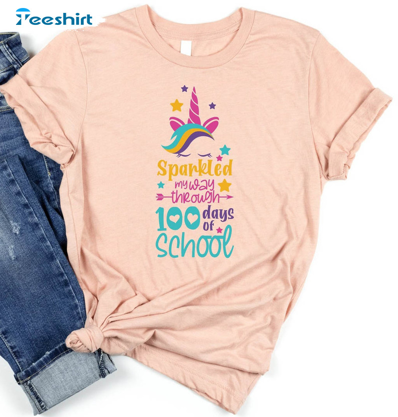 Sparkled My Way Through 100 Days Of School Shirt, Funny Unicorn Unisex Hoodie Tee Tops