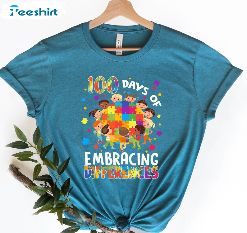 100 Days Of Embrace Differences Shirt, Autism Awareness Long Sleeve Unisex T-shirt