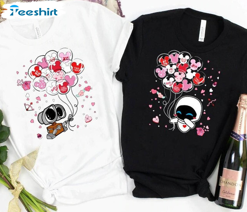 Walle And Eve Couple Valentine Shirts, Disney Balloon Sweater Short Sleeve