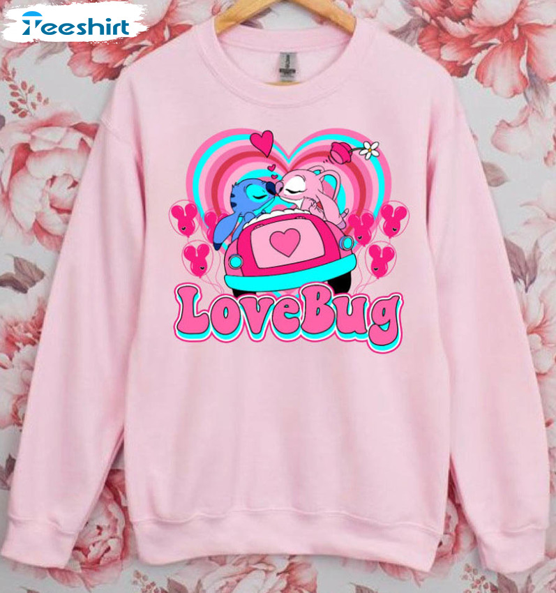 Stitch And Angel Love Bug Shirt, Valentine Day Short Sleeve Long Sleeve