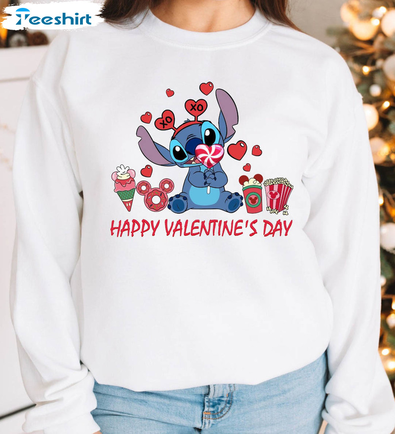 Happy Valentines Day Shirt, Lilo And Stitch Disney Short Sleeve Unisex T-shirt