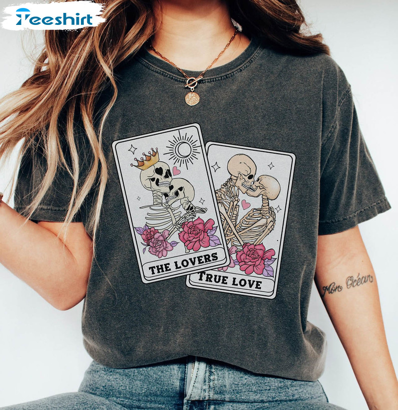 The Lovers Tarot Card Shirt, Skeleton Tarot Unisex T-shirt Crewneck