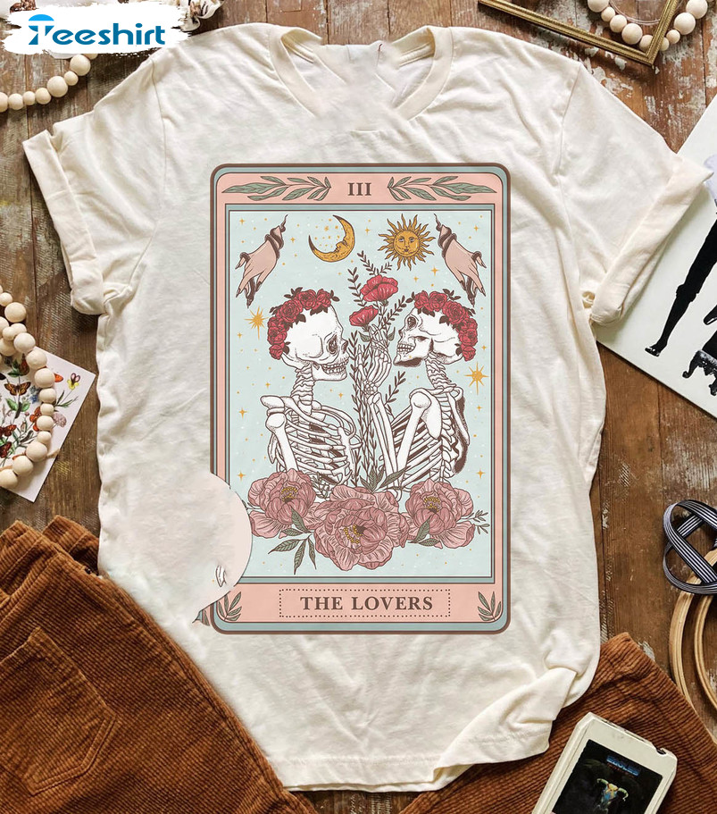 The Lovers Female Tarot Card Shirt, Skeleton Lesbian Lovers Crewneck Sweatshirt