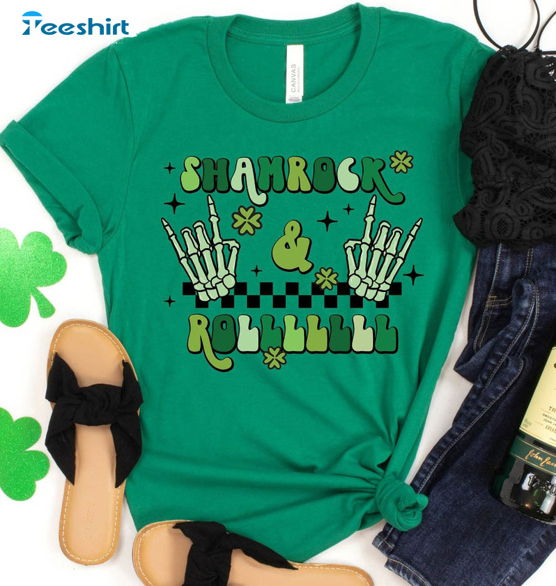 Shamrock And Roll Funny Shirt, Skeleton Patrick 's Day Sweatshirt Short Sleeve