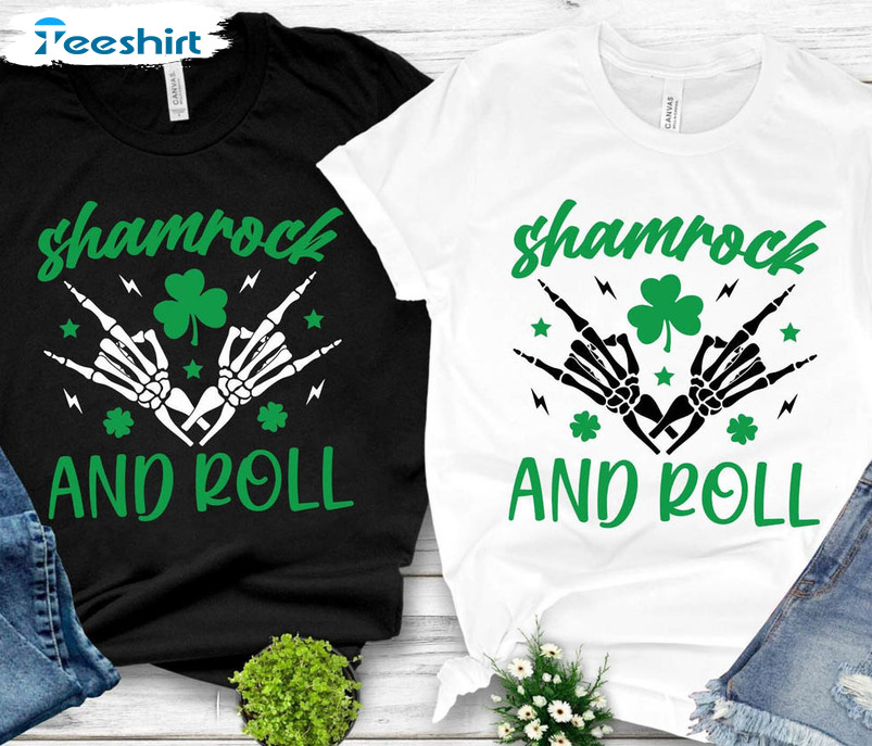 Shamrock And Roll Skeleton Shirt, Funny St Patrick's Day Tee Tops Long Sleeve