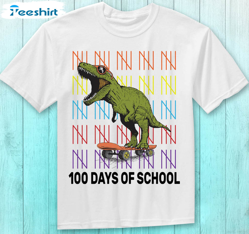 100 Days Of School Dinosaurs Shirt, 100 Days Brighter Teacher Short Sleeve Crewneck