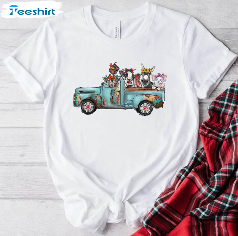 Valentine's Day Farm Truck Shirt, Funny Animal Truck Long Sleeve Sweater